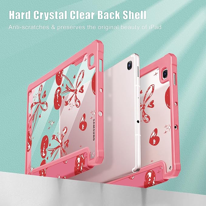 Mektron Case for Samsung Galaxy Tab S6 Lite 10.4 Inch 2024/2022/2020 with S Pen Holder Multi-Angle Viewing with Shockproof Cover Clear Shell + Trifold Stand + Auto Wake/Sleep Cherries Bows C388