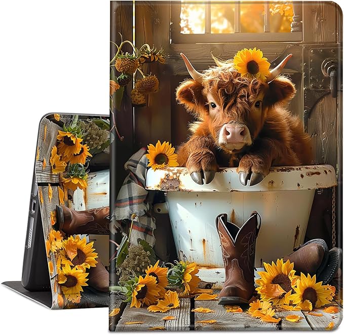 Case for Amazon Kindle Fire HD 10 and Fire HD 10 Plus 10.1 Tablet Case (13th/11th Generation 2023/2021 Release) Slim Fit PU Leather Cover with Auto Sleep/Wake - Highland Cow Sunflower