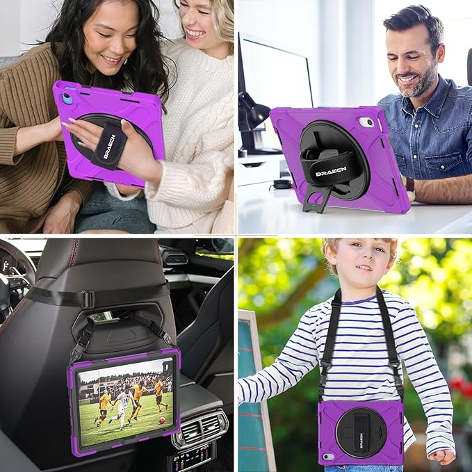 BRAECNstock for Apple iPad (A16) 11th/10th Generation 11/10.9'' 2025/2022 Shockproof Protective Case with Screen Protector Pencil Holder 360° Rotating Hand Strap&ampStand Shoulder Strap Purple