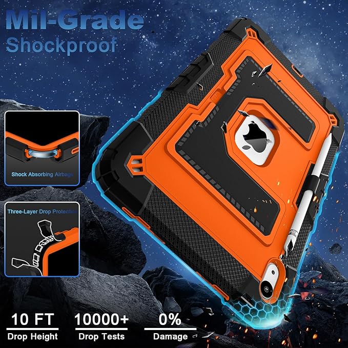 WESOROL Case for iPad A16 11th/10th Generation 2025/2022 with Pencil Holder Shoulder Strap iPad Case 10th Generation Shockproof Cover for iPad 11th/10th Gen CasesBlack Orange
