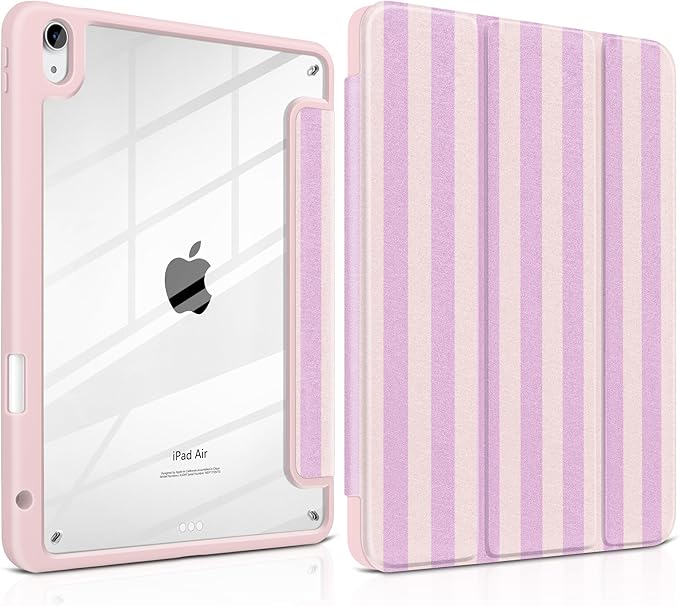 DONGKE Case for iPad Air 11-inch M4 2026 &amp M3 2025 &amp M2 2024 iPad Air 5th/4th Generation 10.9 2022/2020 [Built-in Pencil Holder] Clear Acrylic Back Trifold Stand Smart Cover Pink Stripes