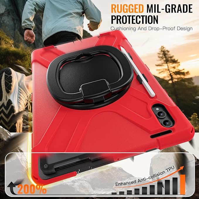 for Galaxy Tab S11 Ultra Rotating Case 14.6inch Heavy Duty Hybrid Rugged Case with S Pen Holder Shockproof Kids Cover with 360 Rotation Stand/Shoulder Strap (Red)
