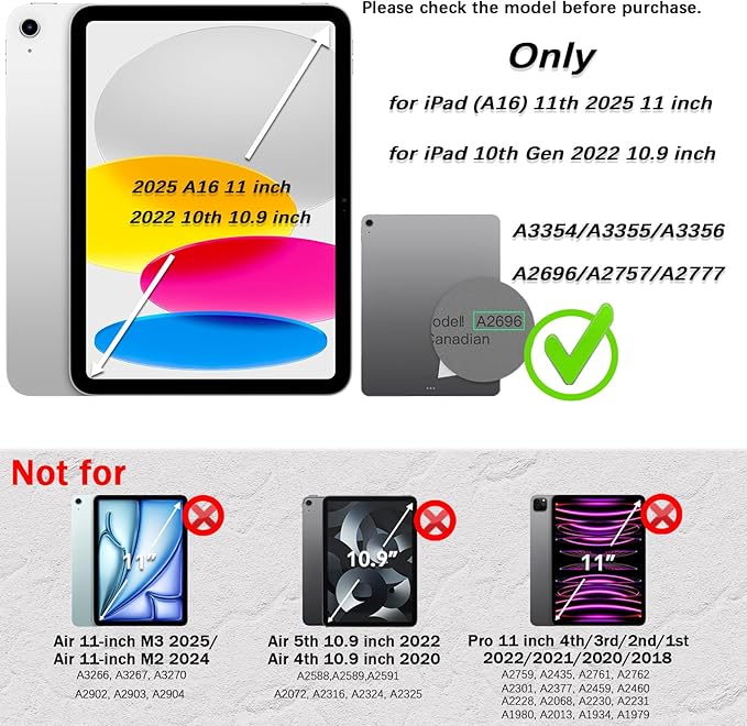 Weuiean Case for iPad A16 11th/10th Generation 11/10.9 Military-Grade Heavy-Duty Shockproof Cover with 360° Rotating Stand Built-in Pencil Holder &amp Adjustable Hand/Shoulder Strap - Purple+Blac