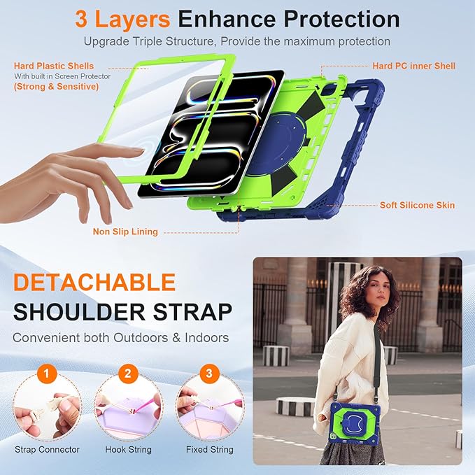 Case for iPad Pro 13 Inch M5 2025 / M4 2024 Auorld for iPad Pro 13 Inch M5 2025 with Screen Protector 360 Degree Rotating Stand Shoulder Strap Pencil Holder Navy Green