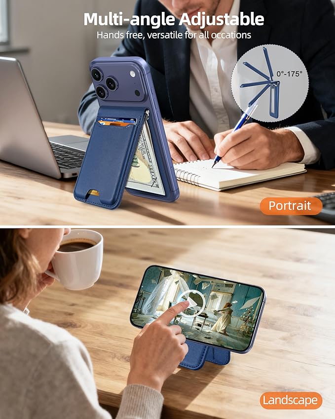 ExtreLife For Magsafe Wallet with Money Clip Strongest Magnetic Wallet for iPhone 17/16/15/14/13/12 Series Adjustable Stand ID Window 5 Card Holder RFID Blocking Not for 13/12 Mini Navy Blue