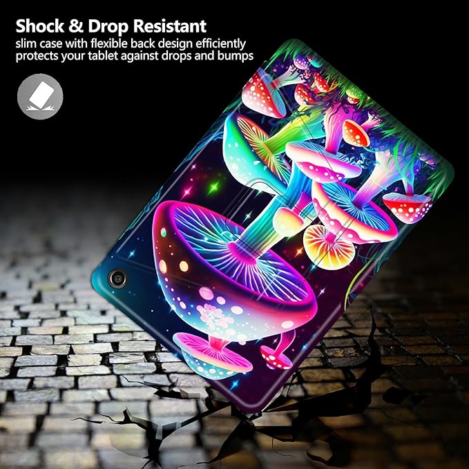 Case for Kindle Fire HD 10 Tablet (5th/7th/9th Generation2015/2017/2019 Release) Gorgeous Mushrooms Theme 360 Degree Rotating Stand Protective Cover with Auto Sleep/Wake for HD 10 Tablet