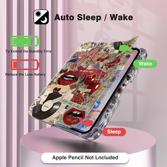 Retro Vintage iPad mini 6/7 8.3'' Case 2021/2024 Model A15/A17 Pro Red Lips Cherry Vinyl Aesthetic Bow Acrylic Back with Pencil Holder Auto Wake/Sleep Girls Protective Cover
