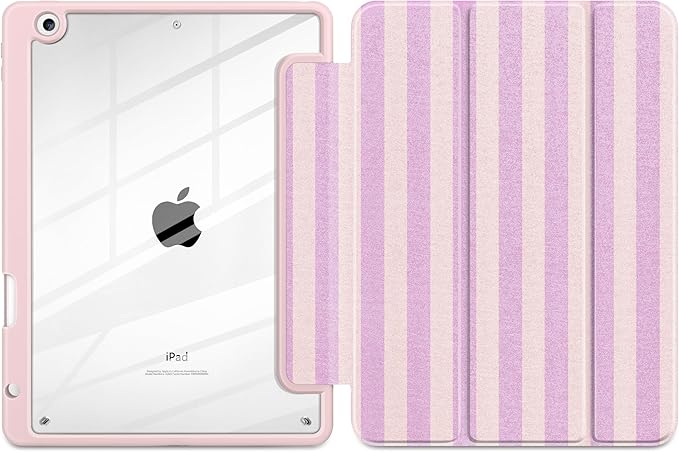 DONGKE for iPad 9th/8th/7th Generation Case 10.2 Inch (2021/2020/2019) [Auto Sleep/Wake &amp Pencil Holder] Clear Acrylic Back Trifold Stand Cover Pink Stripes