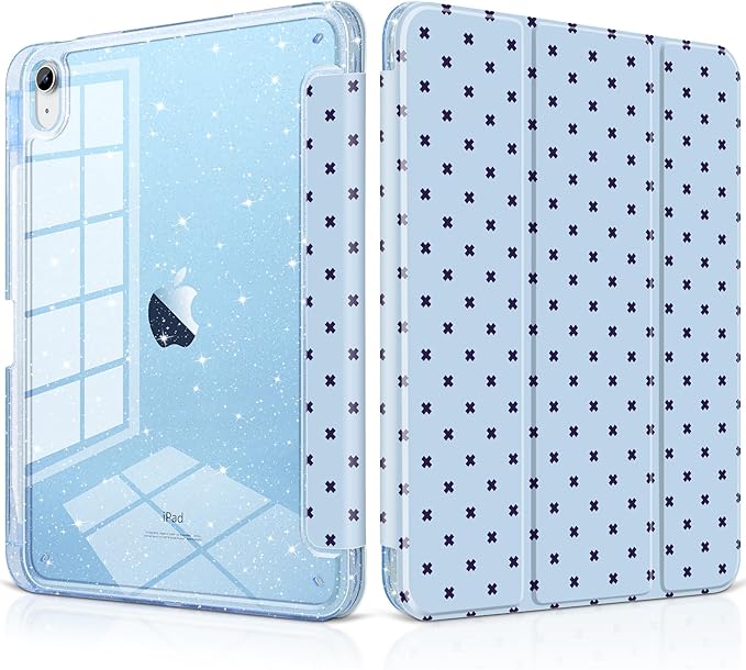 DONGKE for iPad Pro 11 inch Case – Fits M5 2025 / M4 2024 Shockproof Sparkling Glitter Acrylic Back Pencil Holder Trifold Stand Auto Sleep/Wake &amp Touch ID Support - Blue Cross Dot