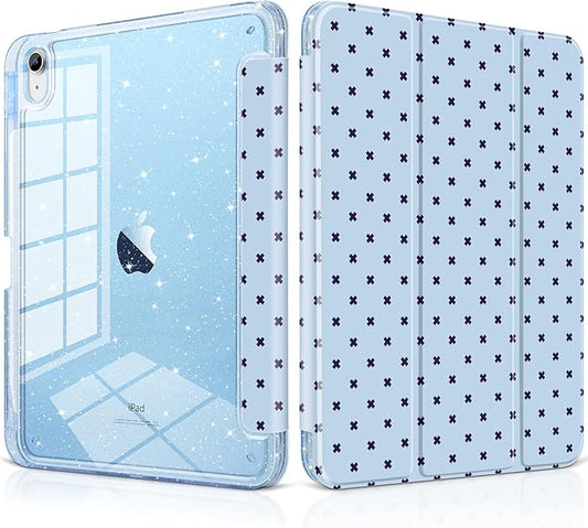 DONGKE for iPad Pro 11 inch Case – Fits M5 2025 / M4 2024 Shockproof Sparkling Glitter Acrylic Back Pencil Holder Trifold Stand Auto Sleep/Wake &amp Touch ID Support - Blue Cross Dot