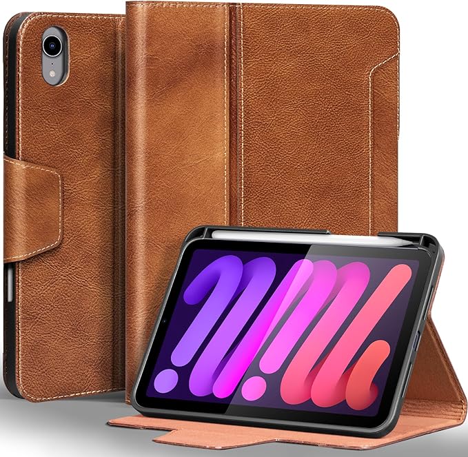 Gexmil Premium Leather Case for iPad mini 7 (A17 Pro) 2024 / iPad mini 6 Generation 2021 8.3 InchPencil Holder Magnetic ClosureShockproof Cowhide CoverAdjustable StandVegetable Tanned Brown