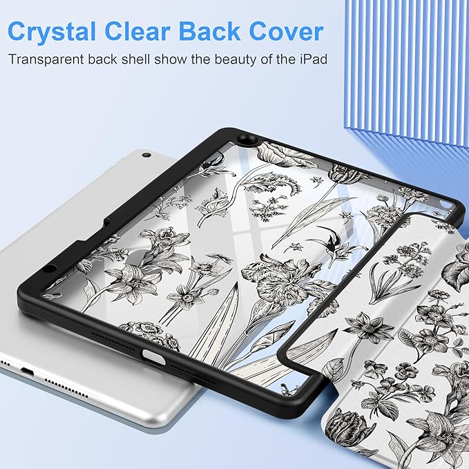 DONGKE for iPad 9th/8th/7th Generation Case 10.2 Inch (2021/2020/2019) [Auto Sleep/Wake &amp Pencil Holder] Clear Acrylic Back Trifold Stand Cover Black Florals