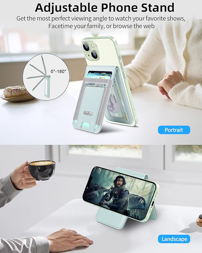 For Magsafe Wallet Stand Magnetic Wallet for iPhone 17/16/15/14/13/12 Series Magnetic Card Holder ID Window 4 Card Slots 10 Cards Holder Vegan Leather RFID Blocking Green