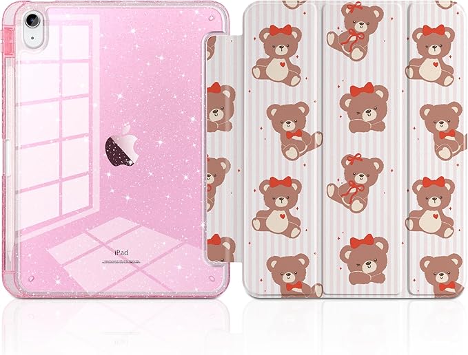 DONGKE for iPad Case 9th/8th/7th Generation 10.2 Inch (2021/2020/2019) Shockproof Glitter Acrylic Back with Trifold Stand Pencil Holder &amp Auto Sleep/Wake - Lovely Bears