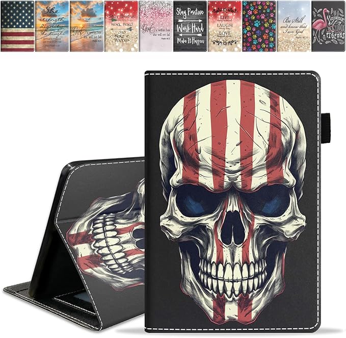 Case for Amazon Kindle Fire 7 Tablet (7 9th/7th Generation 2019/2017 Release) Slim PU Leather Cover with Card Slot &amp Auto Wake/Sleep American Flag Skull
