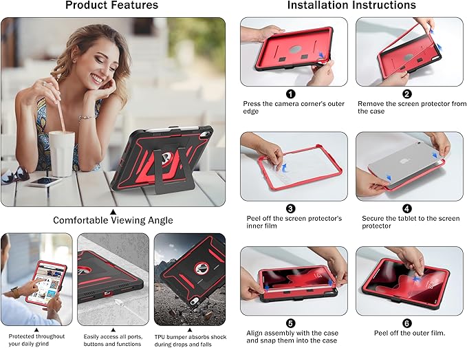 Soke Case for iPad (A16) 11th Generation 11-Inch 2025 /10th Generation 10.9-Inch 2022 with Screen Protector and Multi-Angle Kickstand Rugged Full Body Heavy Duty Protective Cover - Black Red