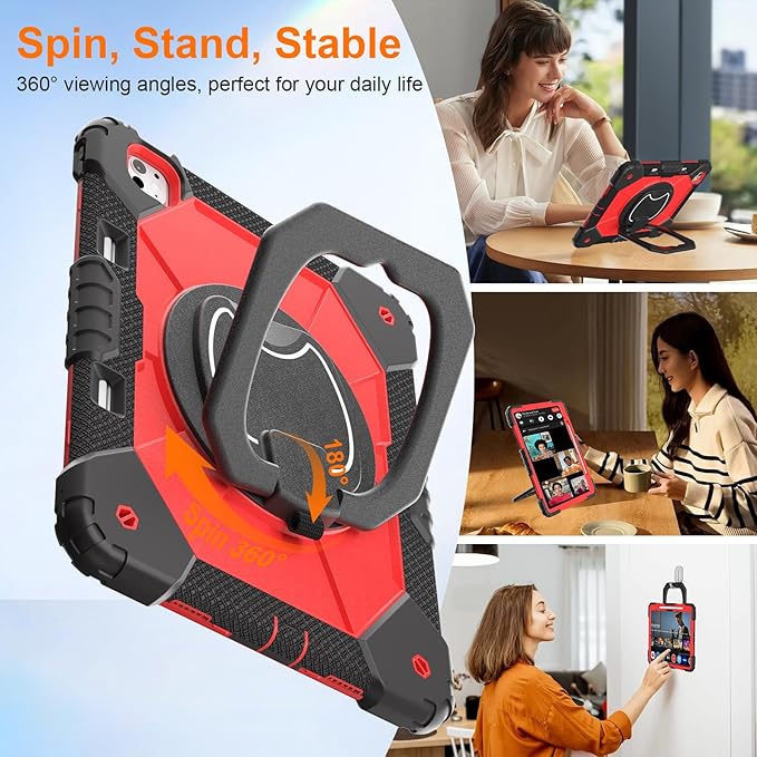 Case for iPad Pro 13 Inch M5 2025 / M4 2024 Auorld for iPad Pro 13 Inch M5 2025 with Screen Protector 360 Degree Rotating Stand Shoulder Strap Pencil Holder Black Red