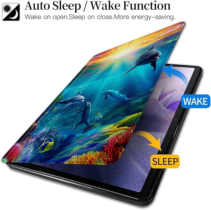 Ocean with Dolphins Pattern Case for Samsung Galaxy Tab A7 10.4 Inch(2022/2020)(SM-T500/T503/T505/T507/T509)BFDHGQZC 360 Degree Rotating Stand Protective Cover with Auto Sleep/Wake