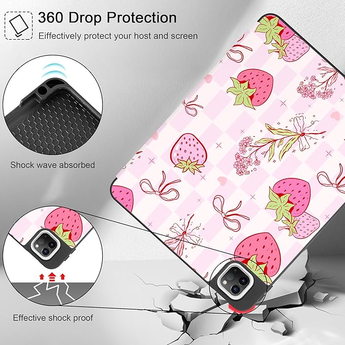 May Chen Case for iPad Pro 11 inch (4th 3rd 2nd &amp 1st Gen) 2022 2021 2020 2018Trifold Stand with Auto Wake/Sleep Soft TPU Protective Stand Back Cover Strawberry Bow