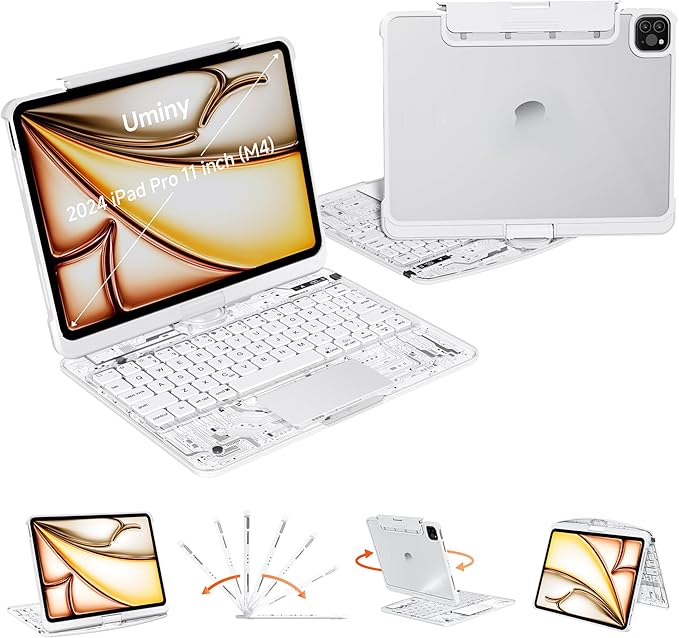 Transparent Keyboard Case for iPad Pro 11 Inch (M5 2025/M4 2024) with Multi-Touch Trackpad 360° Rotating Stand 7-Color 3-Level Backlit Wireless Bluetooth Pencil HolderWhite