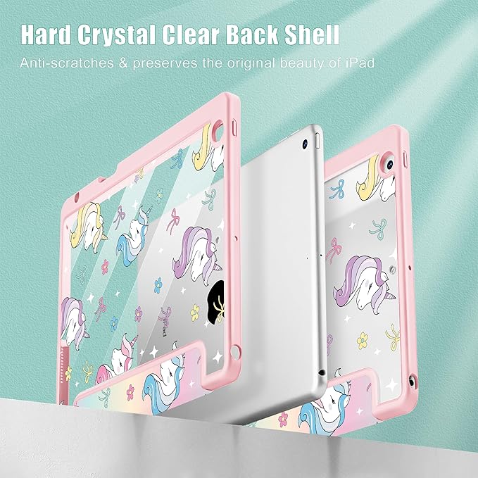 for iPad 9th Generation with Pencil Holder iPad 8th/7th Gen Case 10.2-inch [Built in Pencil Holder] Trifold Stand Auto Wake/Sleep Clear TPU Protection Back Cover Rainbow Unicorn