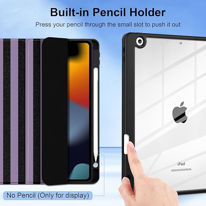 DONGKE for iPad 9th/8th/7th Generation Case 10.2 Inch (2021/2020/2019) [Auto Sleep/Wake &amp Pencil Holder] Clear Acrylic Back Trifold Stand Cover Purple Stripes