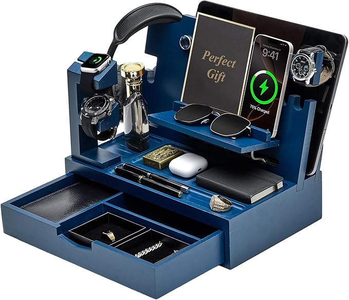 Nightstand Organizer for Men with Large Drawer Wood Phone Docking Station for Phone Apple Watch Wallet &amp Keys Ideal Birthday Gift for Father Husband Bedside Desk Organizer (Blue)
