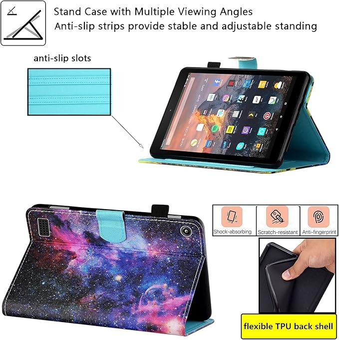 7 Kindle Fire 7 Tablet Case 9th/7th/5th Generation (2019/2017/2015 Release) with Stand Pencil Holder [Auto Wake/Sleep] Slim Smart Magnetic Folio PU Leather &amp TPU Back Cover Rainbow Galaxy