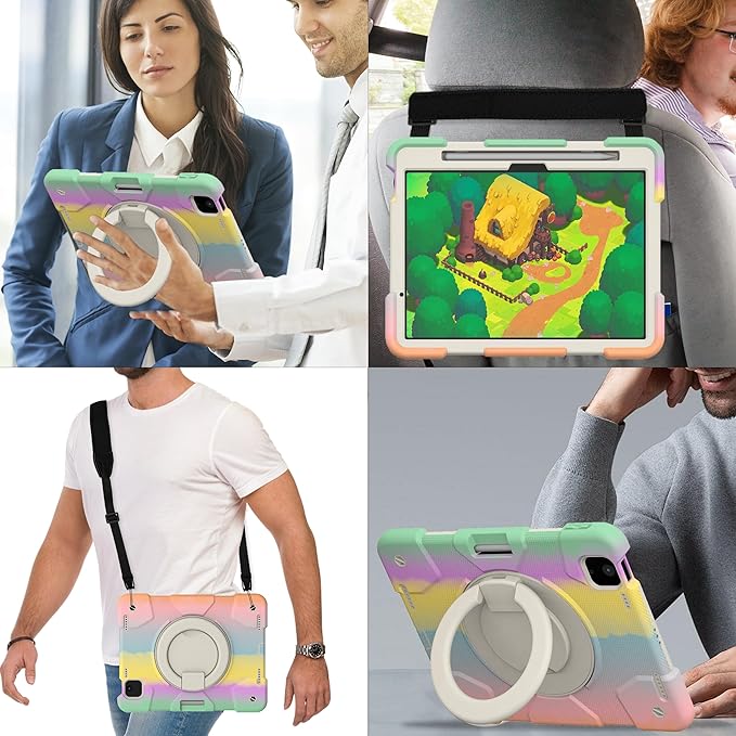 Case for iPad Air 11 inch Case M3 2025/ M2 2024 (Air 7th/6th Generation) Heavy Duty Shockproof Cover with Screen Protector 360° Rotating Stand Pencil Holder Shoulder Strap (Colorful Pink)