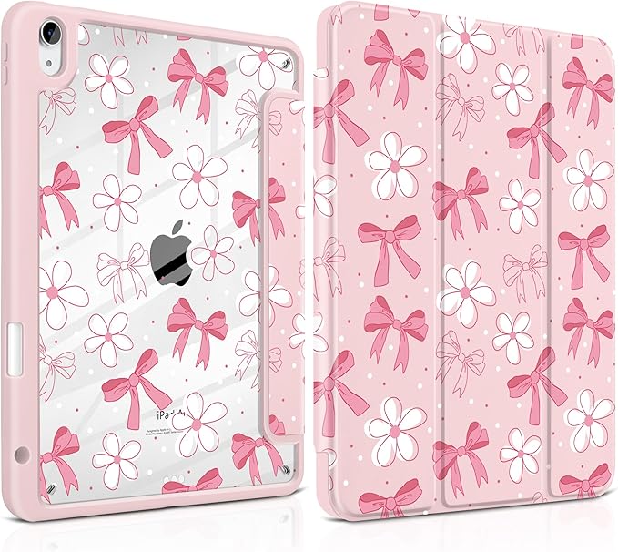 DONGKE Case for iPad Air 11-inch M4 2026 &amp M3 2025 &amp M2 2024 iPad Air 5th/4th Generation 10.9 2022/2020 [Built-in Pencil Holder] Clear Acrylic Back Trifold Stand Smart Cover Bow &amp Dais