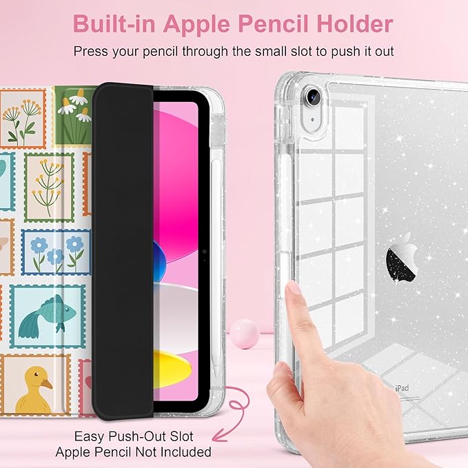 MEEgoodo Case for iPad A16 11th Generation 2025/10th Generation 2022 Glitter Tablet Cases with Transparent Acrylic Back+Trifold Stand +Pencil Holder+Auto Wake/SleepPost Stamps with Natura