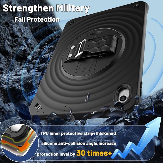 Case for iPad (A16) 11th/10th Generation 11''/10.9'' (2025/2022) with HD Screen Protector Strong Military-Grade Full-Body Shockproof Protection 360° Rotate Hand Strap/Stand Black
