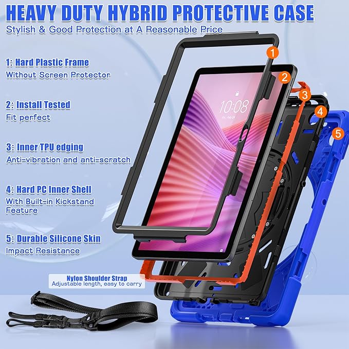 Tablet Case Compatible with Lenovo Tab 10.1(TB-311XU) /K10C TB311FU 2025 Case Protective Heavy Duty Rugged Shockproof Drop Protection Cover Shoulder Strap for Kids Silicone Cover(Blue)