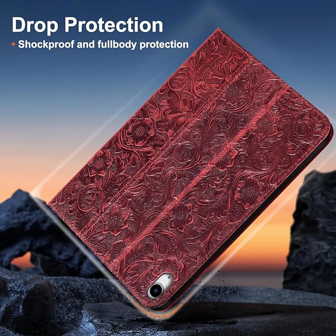 Gexmil Leather Case for iPad Air 11 Inch M4/M3/M2 (2026/2025/2024)iPad Air 10.9 Inch 5th/4th Generation 2022/2020 Top Grain Leather Cover Auto Sleep/Wake Adjustable StandFloral Red