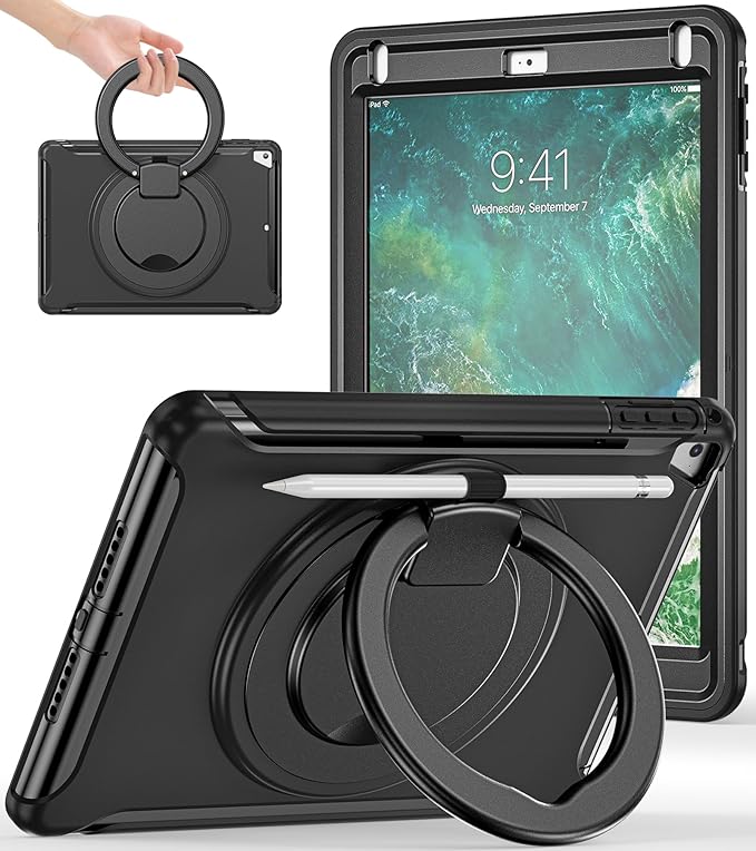 BATYUE Case for iPad 6th Generation 9.7 inch 2018 iPad 5th Gen 2017 iPad Air 2/ iPad Pro 9.7'' Shockproof Protective Cover with Pencil Holder &ampRotating Kickstand for KidsBoysGirls Black