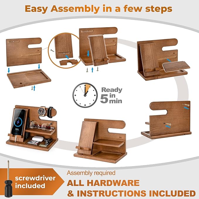 TESLYAR Wood Phone Docking Station for Men - Desktop or Nightstand Organizer - Birthday Gifts for Men Dad - Anniversary Idea from Wife - Key Holder Stand Wallet Watch &amp Essentials (Earth Beige)