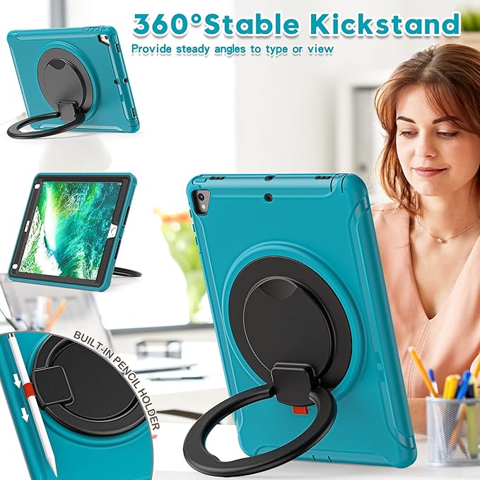 BATYUE Case for iPad 6th Generation 9.7 inch 2018 iPad 5th Gen 2017 iPad Air 2/ iPad Pro 9.7''Shockproof Protective Cover with Pencil Holder &ampRotating Kickstand for KidsBoysGirls Light Blue