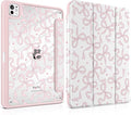 TWOLSKOO Case for iPad Pro 11-inch (M5 2025 / M4 2024) Clear Acrylic Back with TPU Bumper Pencil Holder Trifold Stand Auto Sleep/Wake Pink Bows