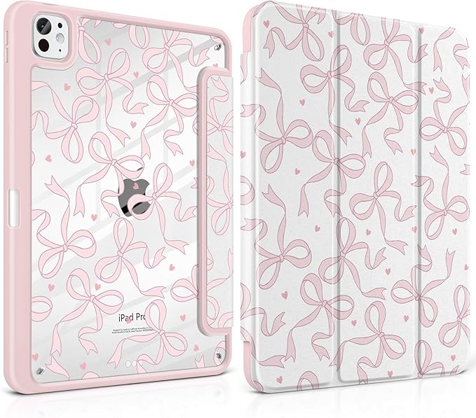 TWOLSKOO Case for iPad Pro 11-inch (M5 2025 / M4 2024) Clear Acrylic Back with TPU Bumper Pencil Holder Trifold Stand Auto Sleep/Wake Pink Bows