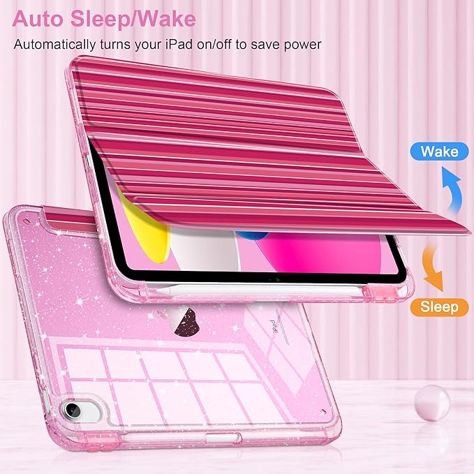 MEEgoodo Case for iPad A16 11th Generation 2025/10th Generation 2022 Glitter Tablet Cases with Transparent Acrylic Back+Trifold Stand +Pencil Holder+Auto Wake/SleepMixed Pink Stripes