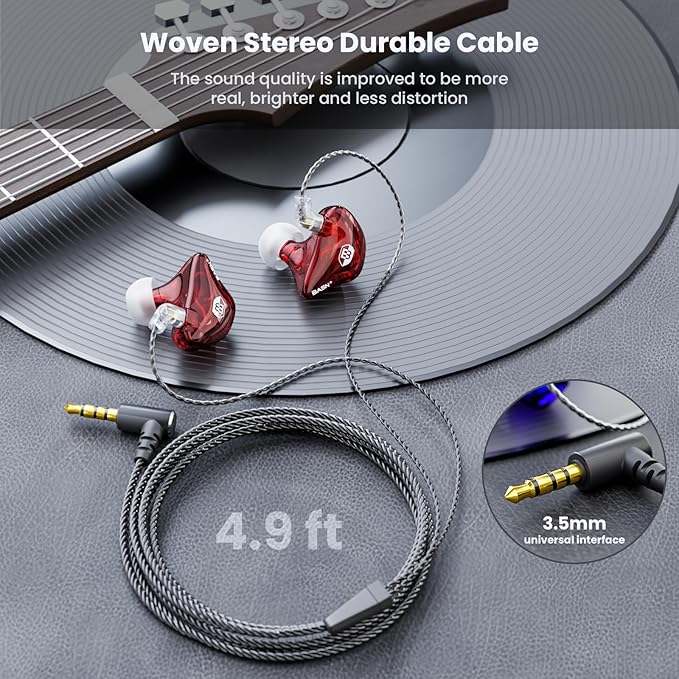 BASN Bsinger Professional in Ear Monitor Headphones Dual Drivers 2-Pin IEM Earbuds with Mic Clear Sound HiFi Earphones for Musicians Drummers and Stage (Red 2-Pin)