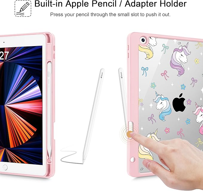 for iPad 9th Generation with Pencil Holder iPad 8th/7th Gen Case 10.2-inch [Built in Pencil Holder] Trifold Stand Auto Wake/Sleep Clear TPU Protection Back Cover Rainbow Unicorn