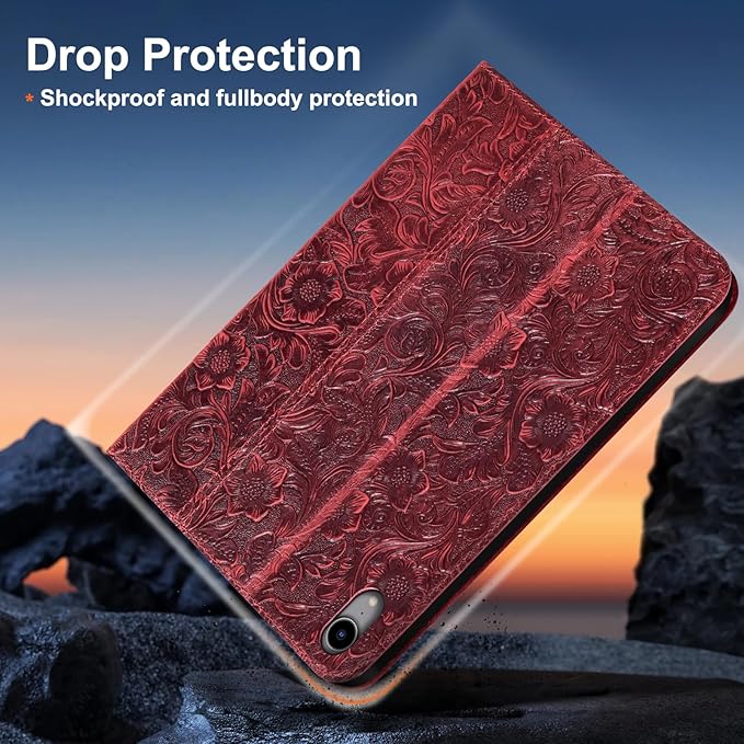 Gexmil Leather Case for iPad mini 7 (A17 Pro) 2024 / iPad mini 6 Generation 2021 8.3 InchPremium Cowhide Cover with Adjustable Stand Auto Wake/SleepFloral Red
