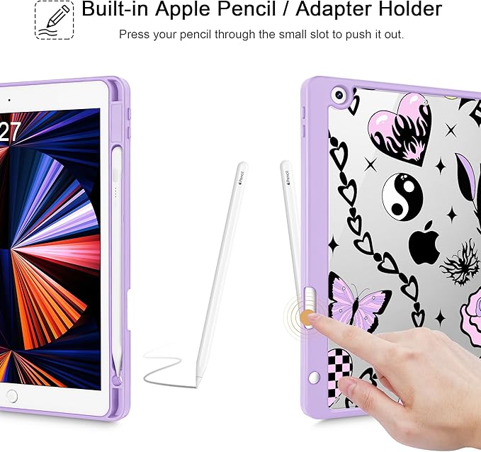 for iPad 9th Generation with Pencil Holder iPad 8th/7th Gen Case 10.2-inch [Built in Pencil Holder] Trifold Stand Auto Wake/Sleep Clear TPU Protection Back Cover Y2K Emo Girl SD166