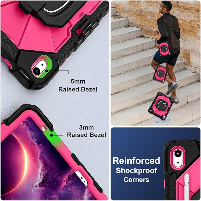 Case for iPad (A16) 11th Generation 11 Inch (2025) / iPad 10th Generation Case 10.9 Inch (2022) with 360° Rotating Stand Screen Protector Pen Holder Shoulder Strap Black Pink