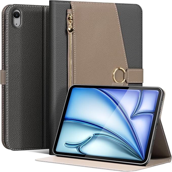 Leather Case for iPad Air 11 M2/M3/M4 (2024-2026) &amp 10.9 4th/5th Gen (2020/2022) with Pocket &amp Buckle Auto Wake/Sleep Shockproof Adjustable StandDark Gray with Gray