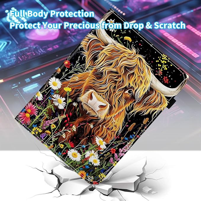 Case for Samsung Galaxy Tab S9 FE 5G 10.9 Inch/Galaxy Tab S9 11 Inch 2023Card Slot PU Leather TPU Case Pen Holder Auto Wake SleepHighland Cow Flowers