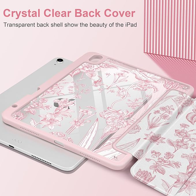 DONGKE Case for iPad Air 11-inch M4 2026 &amp M3 2025 &amp M2 2024 iPad Air 5th/4th Generation 10.9 2022/2020 [Built-in Pencil Holder] Clear Acrylic Back Trifold Stand Smart Cover Pink Florals