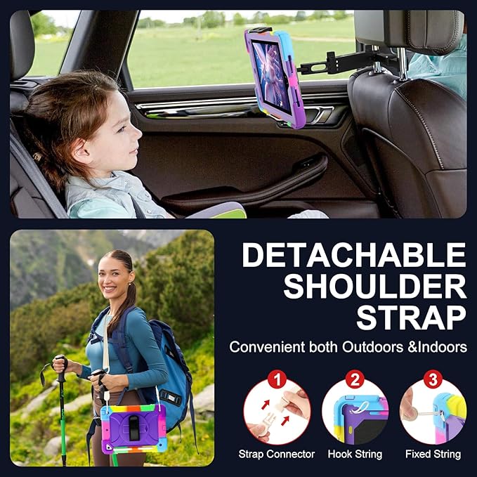 for iPad 6th Generation/iPad 5th Gen/iPad Air 2/iPad Pro 9.7 Case with Cute Key Chain Rugged Protective Case with Rotating Stand &amp Shoulder Hand Strap for iPad 6th/5th/ Air 2 (Rainbow Purple)