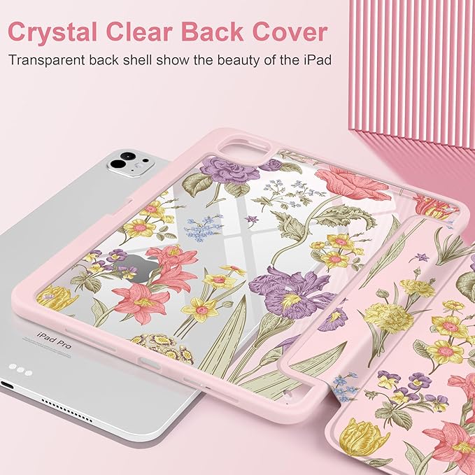 DONGKE for iPad Pro 11-Inch Case (M5 2025 / M4 2024) 6th/5th Generation [Auto Sleep/Wake &amp Pencil Pro Holder] Clear Acrylic Back Smart Trifold Stand Cover Pink Botanical Floral